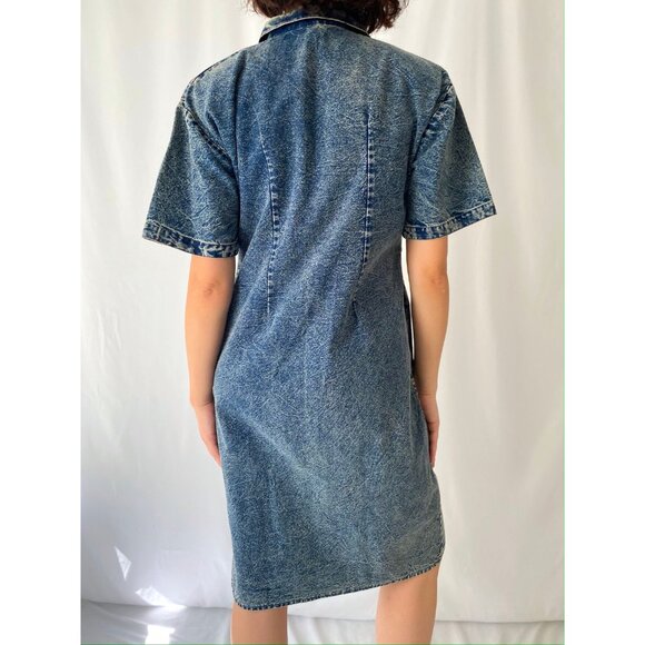 80s vintage blue denim acid wash embellished floral print retro midi jean dress - Picture 6 of 9